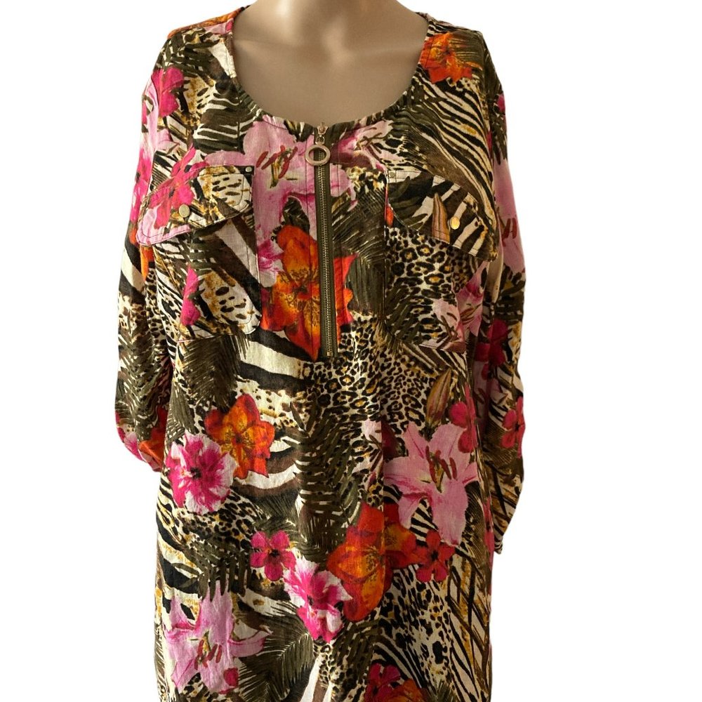 Cathy Tropical Floral Animal Print Size M Linen Blend Tunic Top